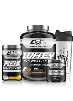 CORE CHAMPS Bundle Whey Protein 5Lbs Chocolate Rdx Pre-Workout Mango 30Sv Creatine 300G Shaker 