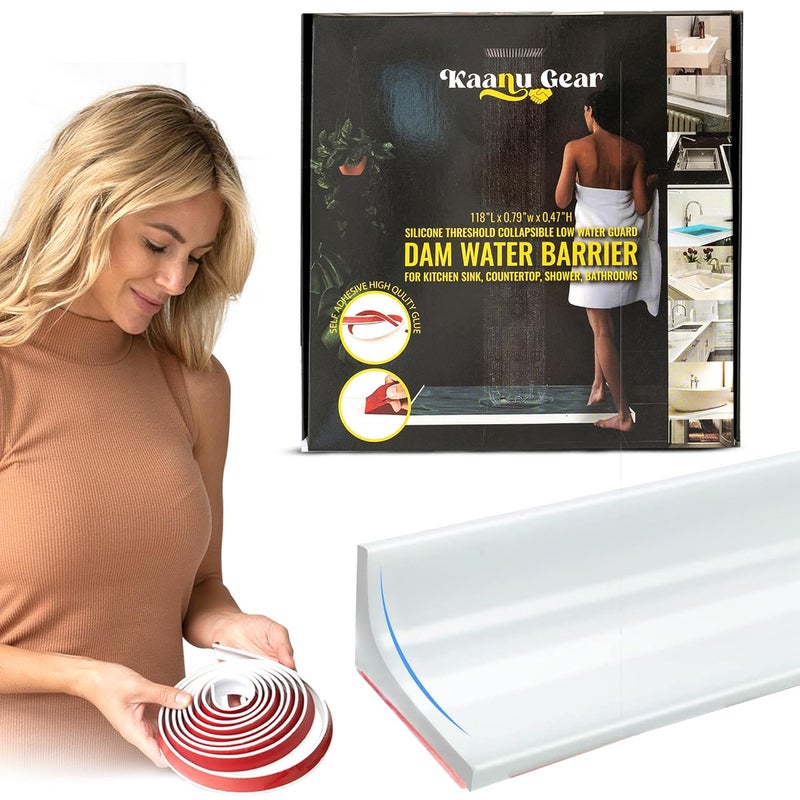 KAANU GEAR 118 Inch Collapsible Shower Threshold Water Dam Adhesive Silicone 047 High Shower Dam Water Stopper Barrier For Bathroom Kitchen Splash Guard Edge Trim Strip For Dry and Wet Separation White  - Image 1