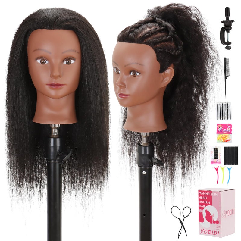 YODIDI Mannequin Head with 100% Human Hair, Manikin Head Human Hair Cosmetology Doll Head for Hair Styling Hairdresser Practice Braiding with Table Clamp Stand and Tools (16 inch) - Image 1