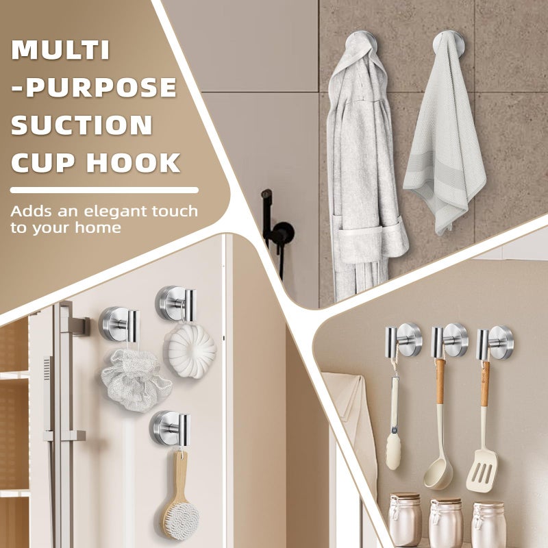 Fenas Suction Cup Hooks for Shower - Bathroom Reusable Hooks for Towels, Robes & Loofah - No-Drill Mounting on Kitchen,Walls,Metal,Glass,Mirrors,Tile & Smooth Non-Porous Surfaces (2, Brushed Nickel) - Image 3