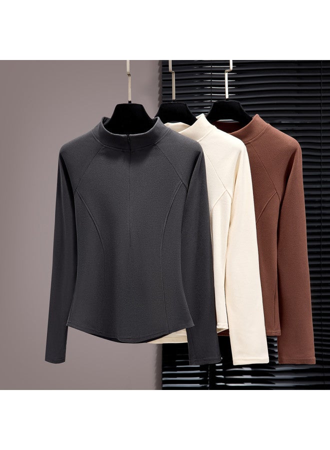 PLANDOO 2025 New Zipper Semi-High Neck Base Layer Women'S Long Sleeve Fishbone Design Sports Versatile Slim-Fit Top - Image 2