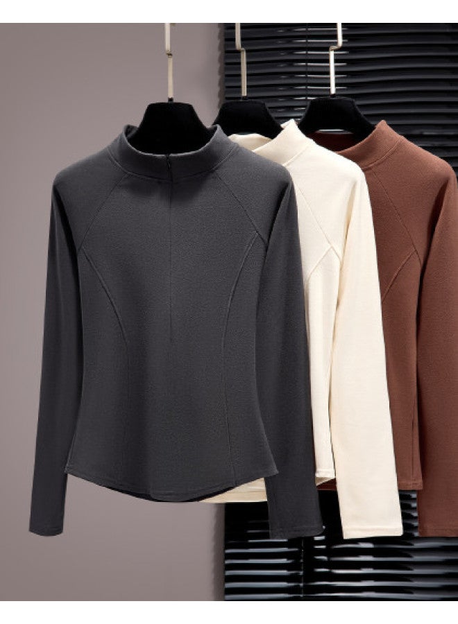 PLANDOO 2025 New Zipper Semi-High Neck Base Layer Women'S Long Sleeve Fishbone Design Sports Versatile Slim-Fit Top - Image 1
