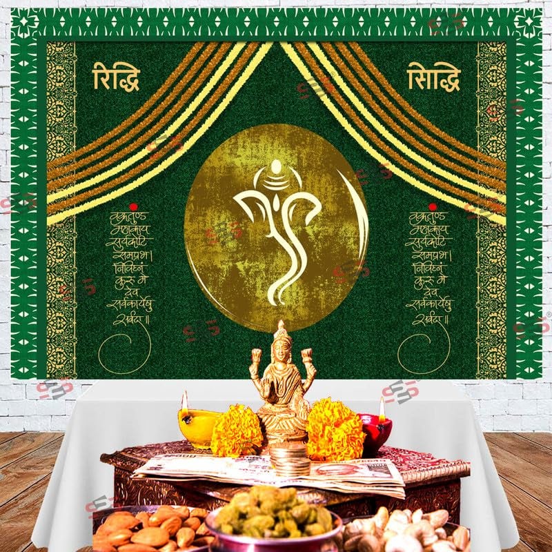 S2S Riddi Siddi Backdrop Cloth for Pooja Decoration Traditional, Background Decoration Cloth | Curtain Cloth for All Festival, Functions & Ceremonies - (5 x 8 Feet) (RIDDI SIDDI Green) - Image 3