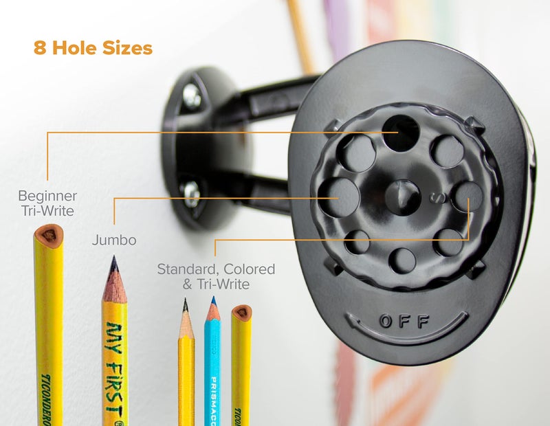Bostitch Office Wall Mount Manual Pencil Sharpener, Tip Saver, 8 Hole Dial, 6X Longer Cutter Life, Vertical or Horizontal Mounting Black (MPS1-BLK) - Image 3