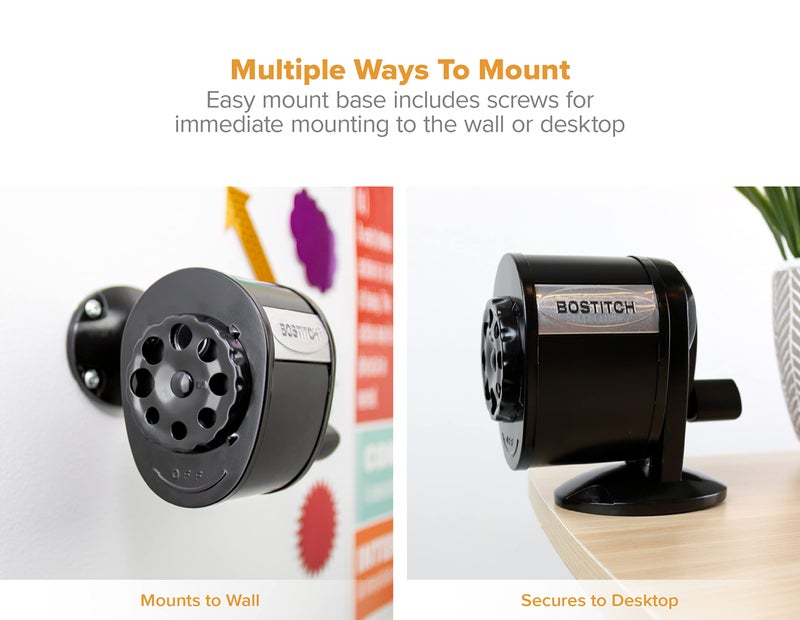 Bostitch Office Wall Mount Manual Pencil Sharpener, Tip Saver, 8 Hole Dial, 6X Longer Cutter Life, Vertical or Horizontal Mounting Black (MPS1-BLK) - Image 2