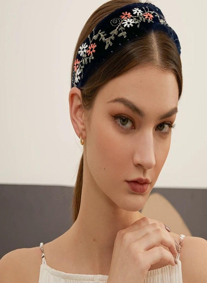 Jaczora أطواق شعر جاكزورا مطرزة بنقوش زهور عتيقة، بتصميم عقدة عريضة، إكسسوارات شعر من القماش الأسود للنساء، عبوة من قطعتين - Image 3