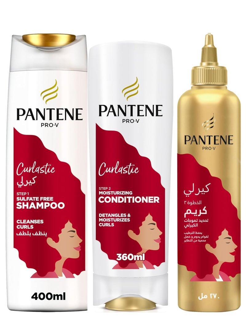 Pantene Curlastic Sulfate-Free Shampoo for Curly Hair 400ml & Curlastic - Deep Moisturizing Conditioner 360ml & Curlastic Defining Anti-Frizz Leave-On Cream For Lasting Elasticity 270ml