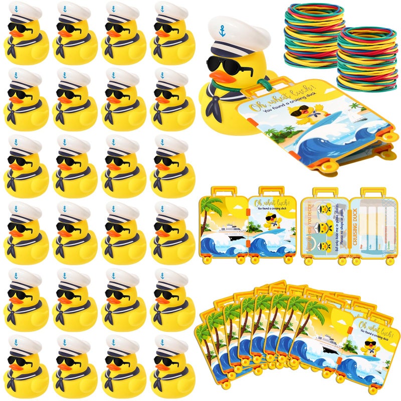 Silipull 72 Pcs/ 24 Sets Ducks for Cruise Ship with Tags New Years Rubber Ducks for Cruise Ships Mini Duck Tags Elastic Rubber Bands for Hiding Luggage Carnival Game Rewards(Yellow) - Image 1