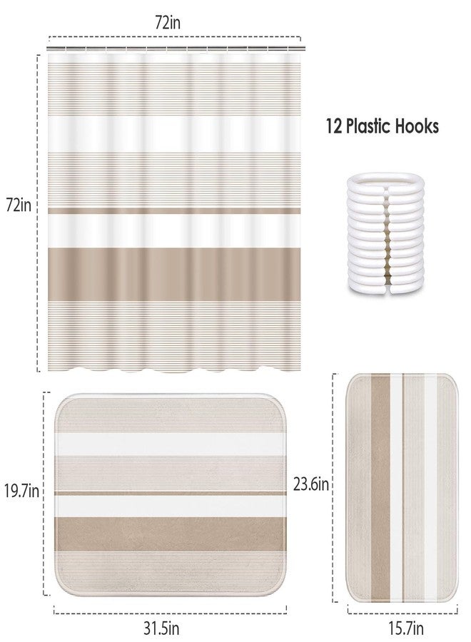 ArtSocket Beige Striped Bathroom Set with Shower Curtain and Bath Rugs and Accessories,Boho Modern Non-Slip Shower Curtain Set,Bathroom Decor 3 Pcs - Image 2