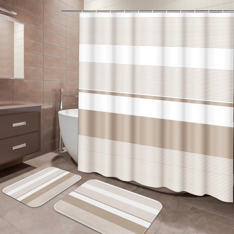 ArtSocket Beige Striped Bathroom Set with Shower Curtain and Bath Rugs and Accessories,Boho Modern Non-Slip Shower Curtain Set,Bathroom Decor 3 Pcs - Image 1