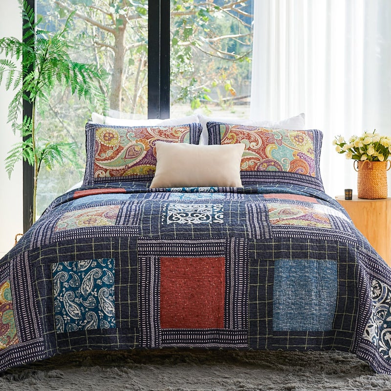 Secgo Queen Comforter Set for Bed - 100% Cotton Quilts Queen Size, Black Bedspreads (90 * 98 Inch) with 2 Pillow Shams, Patchwork Reversible Lightweight Bedding - Image 1