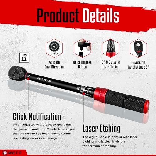 WETT 11Pcs Torque Wrench Set, 1/4'' & 3/8'' & 1/2'' Drive Click Torque Wrench, with Extension Bars & Adapters, Dual-Direction Adjustable Reversible 72-Tooth Ratchet Handle - Image 3