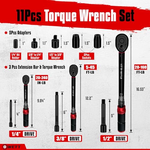 WETT 11Pcs Torque Wrench Set, 1/4'' & 3/8'' & 1/2'' Drive Click Torque Wrench, with Extension Bars & Adapters, Dual-Direction Adjustable Reversible 72-Tooth Ratchet Handle - Image 2