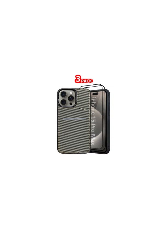 CATANES iPhone 15 Pro Max 3Pack Case Leather Cover Card Holder and Kickstand with 2 Screen Protector Tempered Glassfor Men Women Phone Case with Carbon Fiber Pattern - Image 1