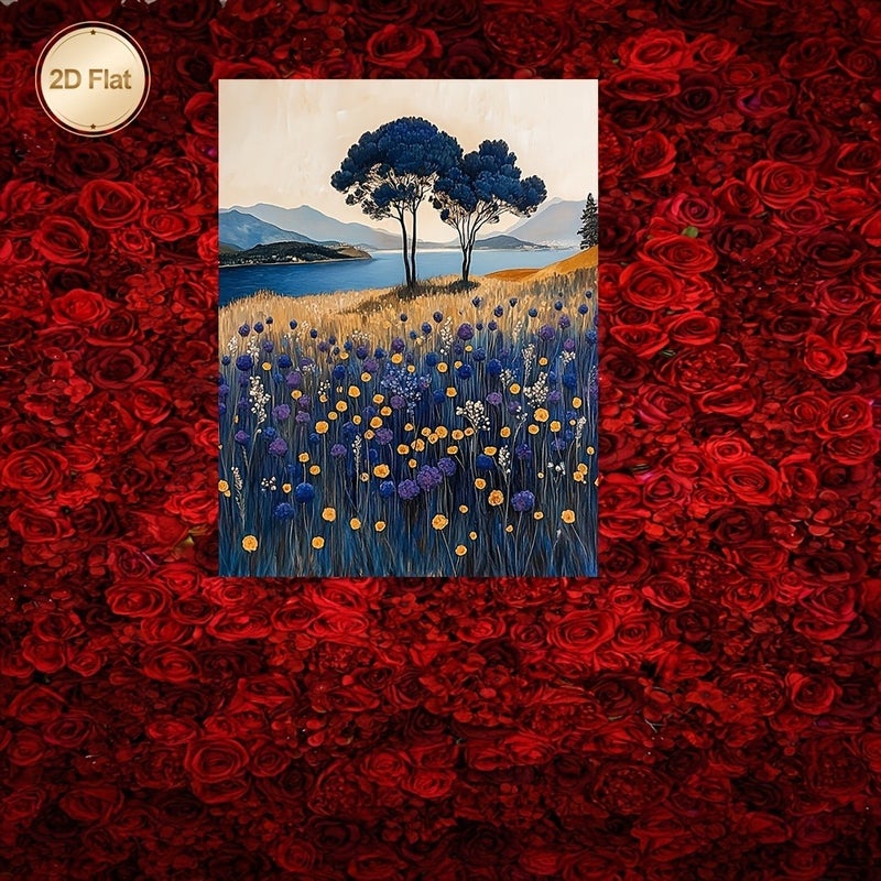 Framed Canvas Painting of Blue Trees and Lavender Fields - Image 3