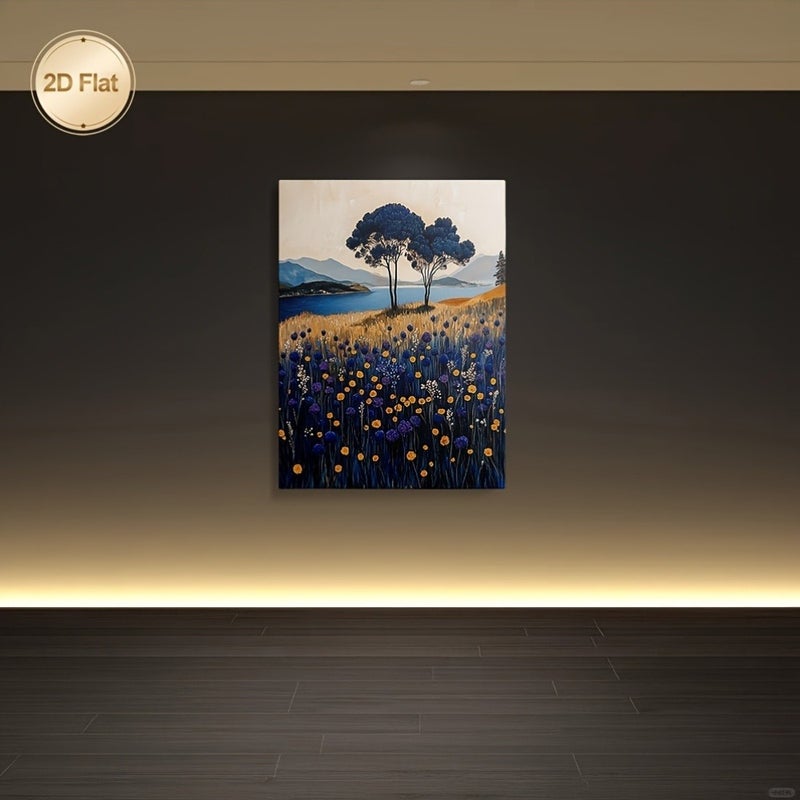 Framed Canvas Painting of Blue Trees and Lavender Fields - Image 5