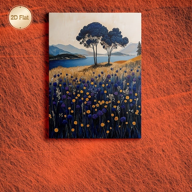 Framed Canvas Painting of Blue Trees and Lavender Fields - Image 2