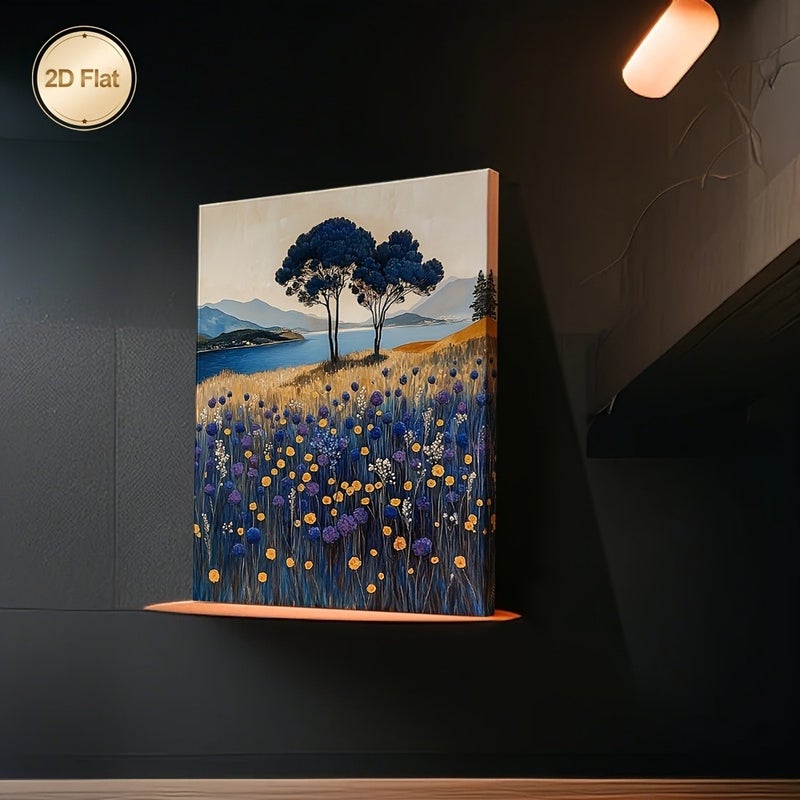 Framed Canvas Painting of Blue Trees and Lavender Fields - Image 4