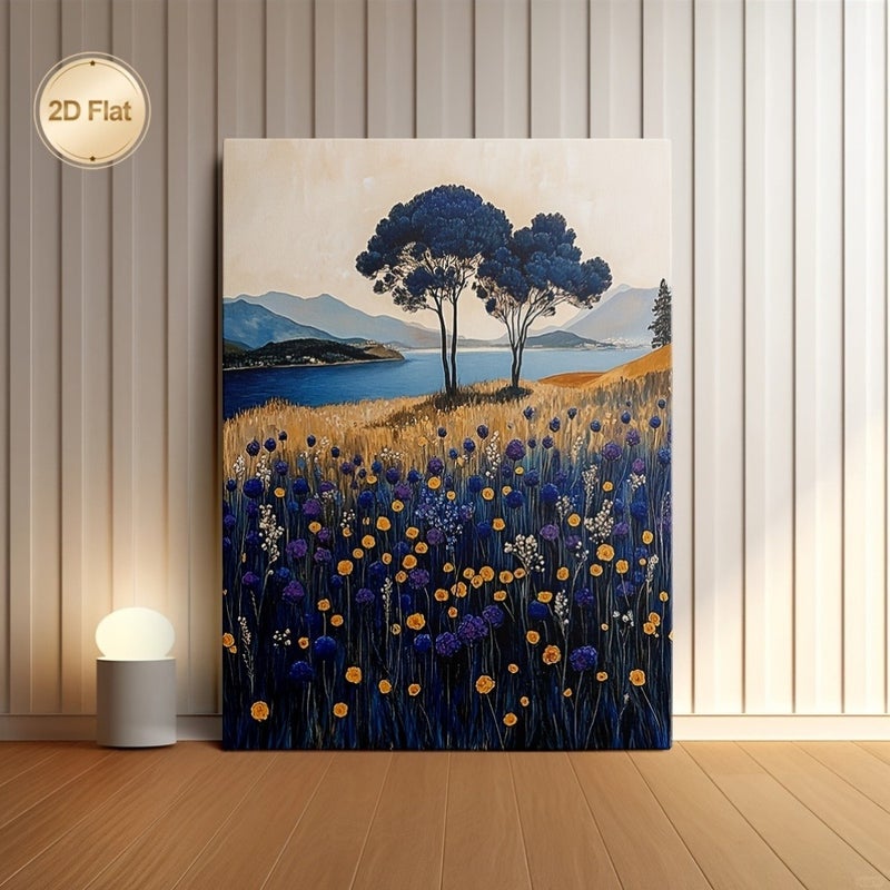 Framed Canvas Painting of Blue Trees and Lavender Fields - Image 1