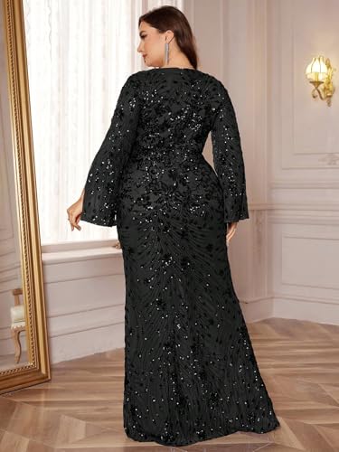 XUIBOL Plus Size Long Glitter Mermaid Dress for Mother of The Bride Women's Long Sleeve V-Neck Sequin Formal Gown Black 14 - Image 2