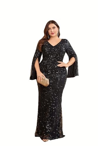 XUIBOL Plus Size Long Glitter Mermaid Dress for Mother of The Bride Women's Long Sleeve V-Neck Sequin Formal Gown Black 14 - Image 1