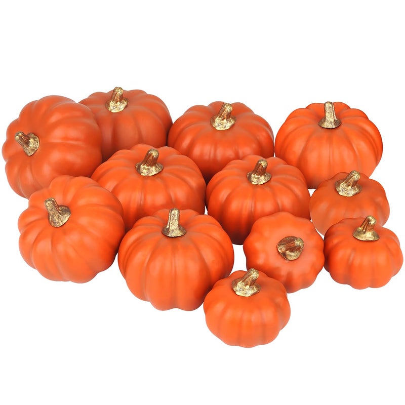 Artmag Artificial Pumpkins Bulk 12Pcs Assorted Sizes Harvest Lifelike Pumpkin Fake Foam Pumpkin for Fall Autumn Halloween Home Party Thanksgiving Party Holiday Decor Dark Orange