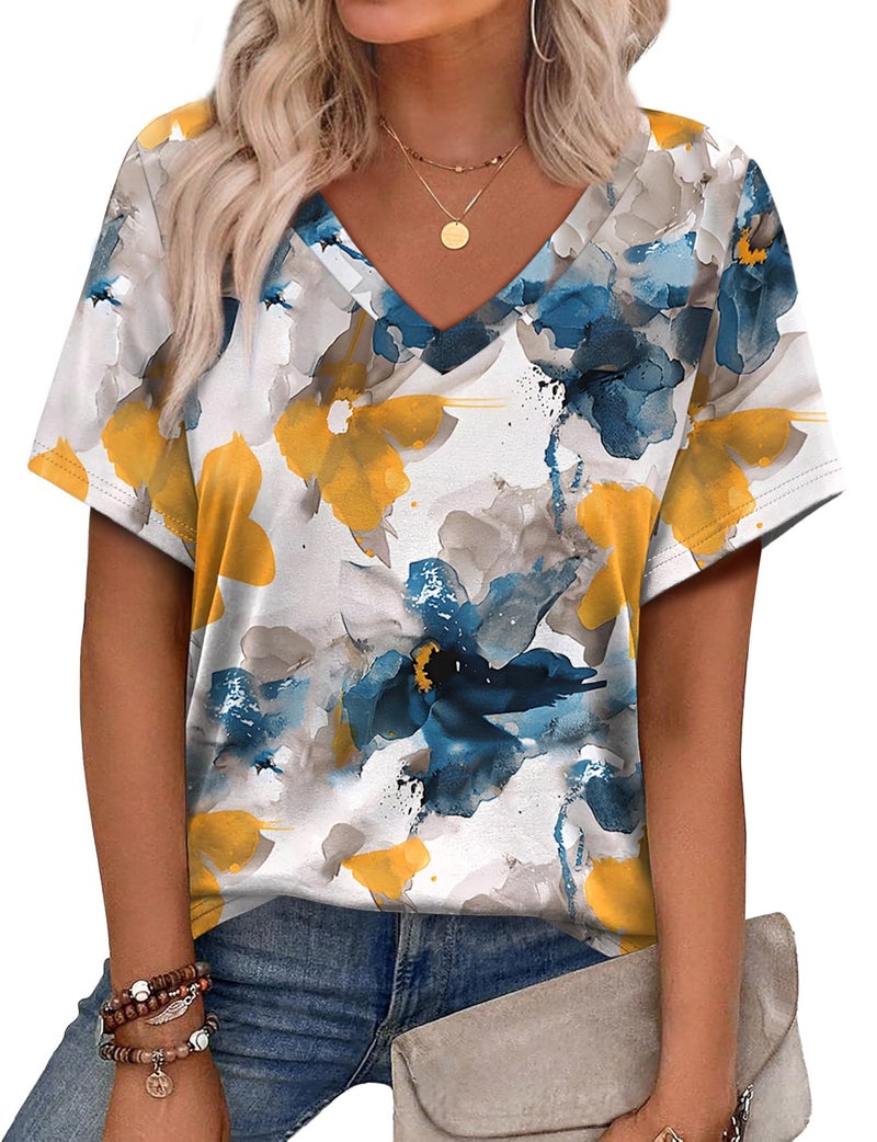 Alaroo V Neck T Shirts for Women Beach Vacation Outfits Short Sleeve Blouse Summer Clothes 2026 Trendy Print 06 XL - Image 1