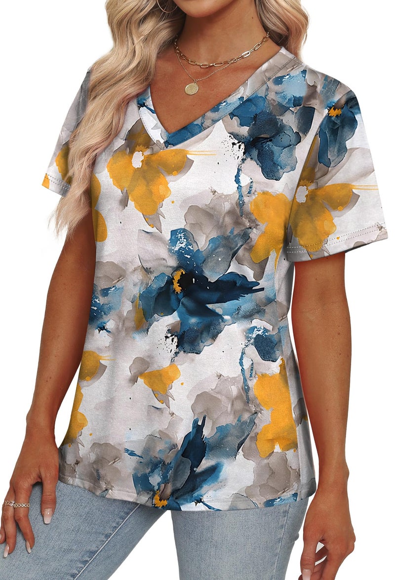Alaroo V Neck T Shirts for Women Beach Vacation Outfits Short Sleeve Blouse Summer Clothes 2026 Trendy Print 06 XL - Image 3