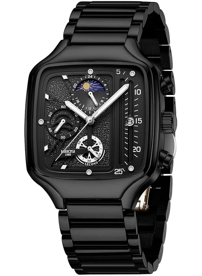 NIBOSI - Men Watch Square Quartz Chronograph Wrist Watch Business Water Resistant Military Stainless Steel Calendar Sport Watch - Image 1