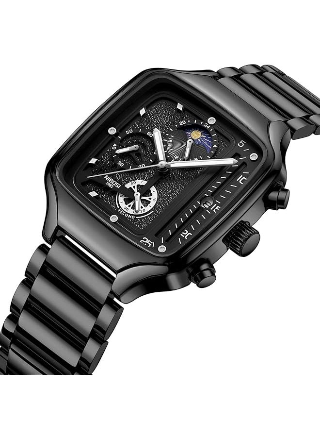 NIBOSI - Men Watch Square Quartz Chronograph Wrist Watch Business Water Resistant Military Stainless Steel Calendar Sport Watch - Image 1