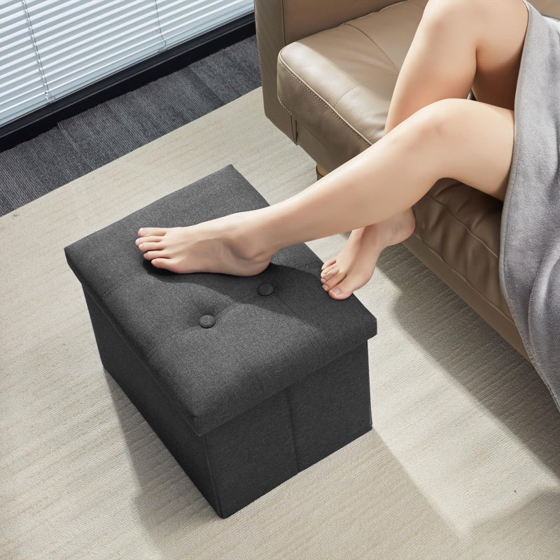 AmasSmile Storage Ottoman Folding Foot Rest Stool, 17 inches Linen Footstool Bench, Short Ottoman Bench, Storage Foot Rest Store, Books, Dark Grey - Image 2