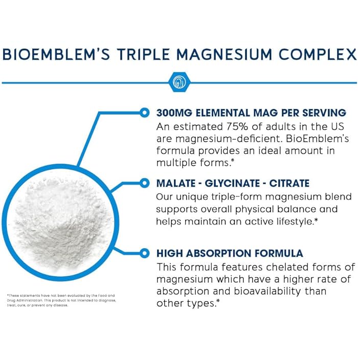 BioEmblem Triple Magnesium Complex | 300mg Magnesium Glycinate, Malate & Citrate | High Absorption Chelated Formula | Vegan, Non-GMO, Gluten-Free | 90 Capsules - Image 3