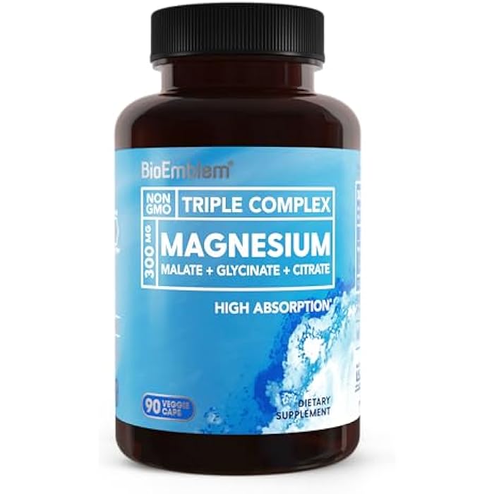 BioEmblem Triple Magnesium Complex | 300mg Magnesium Glycinate, Malate & Citrate | High Absorption Chelated Formula | Vegan, Non-GMO, Gluten-Free | 90 Capsules - Image 1