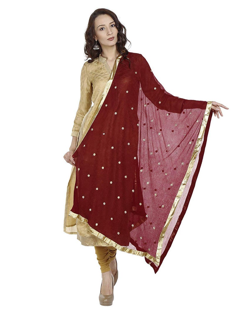 themilestocks Woman's Embroidered Chiffon Dupatta Scarf Shawl Wrap Soft Indian Bridal Wedding (Maroon) - Image 1