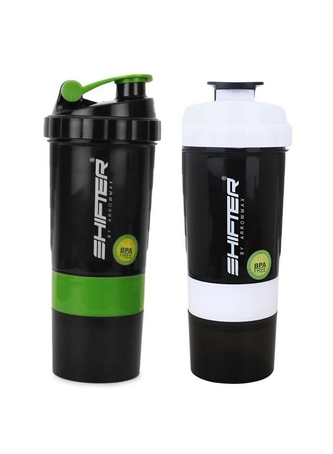 SHIFTER Gym Shaker Bottle With Storage 2 Compartments for Protein Shake Leakproof Shaker Bottles for Protein, Preworkout and Bcaa Shake, Protein Shaker Bottle for Gym Bottle BPA-Free --450ML (Pack of 2 ) - Image 1