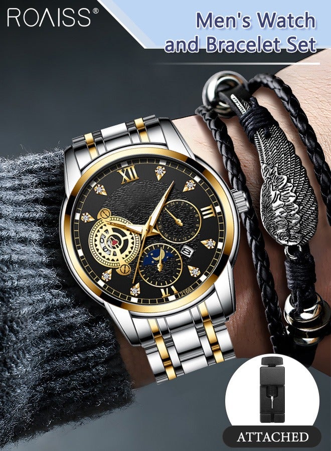 roaiss 2PCS  Men's Watch and Bracelet Set Analog Display Round Dial Quartz Watch with PU Leather Bracelet Vintage 2 Pieces Watch Set as Gift for Men - Image 1
