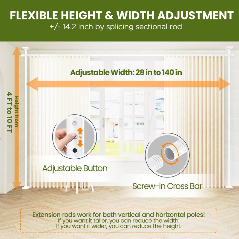 SUNALLY Room Divider Curtain Rod, No Drilling 4-10ft(H) 28-140inch(W) Adjustable Privacy Wall Divider for Room Separation, Heavy Duty Temporary Partition Space Separator Tension Rods, White - Image 2