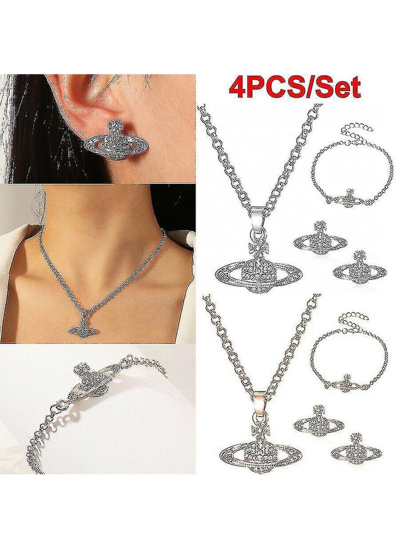 Generic Silver 4Pcs Crystal Saturn Heart Orb Set Necklace Bracelet Earrings Pendant Chains Gift  - Image 2