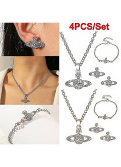 Generic Silver 4Pcs Crystal Saturn Heart Orb Set Necklace Bracelet Earrings Pendant Chains Gift  - Image 1