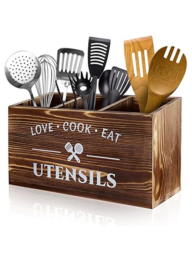 Brown Utensil Holder Rustic Wood Utensil Caddy Crocks with 3 Compartments for Kitchen Counter, Farmhouse Flatware Organizer Storage Box for Silverware Fork Spoon Spatula  - Image 1