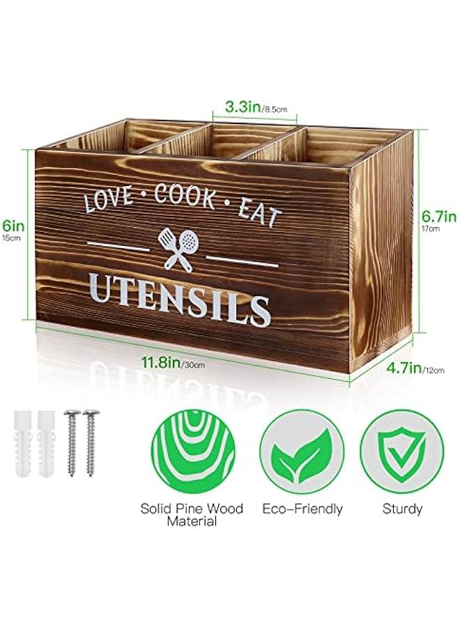 Brown Utensil Holder Rustic Wood Utensil Caddy Crocks with 3 Compartments for Kitchen Counter, Farmhouse Flatware Organizer Storage Box for Silverware Fork Spoon Spatula  - Image 2