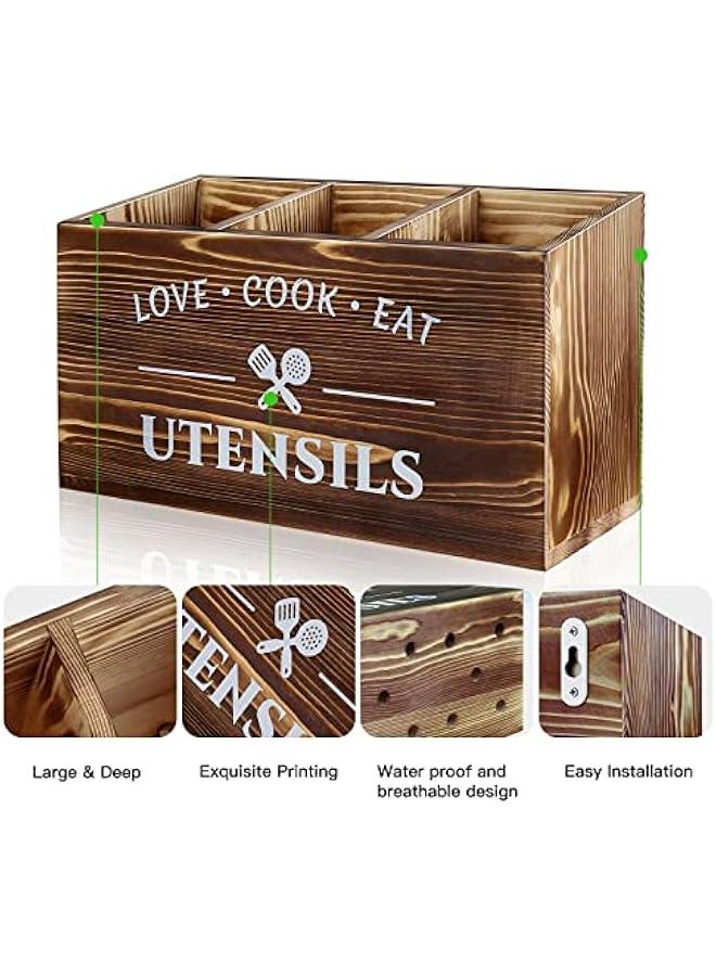 Brown Utensil Holder Rustic Wood Utensil Caddy Crocks with 3 Compartments for Kitchen Counter, Farmhouse Flatware Organizer Storage Box for Silverware Fork Spoon Spatula  - Image 3