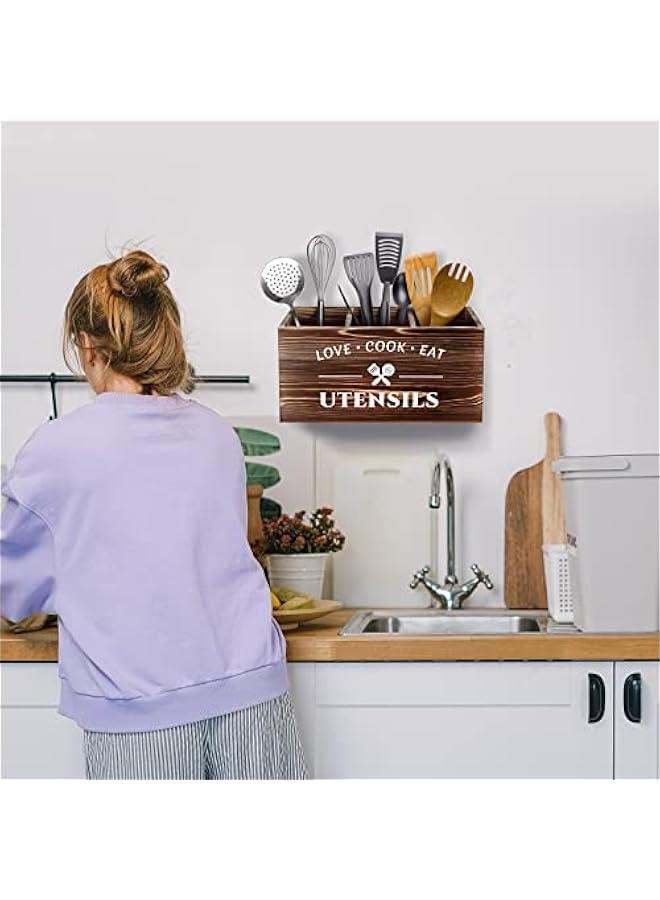 Brown Utensil Holder Rustic Wood Utensil Caddy Crocks with 3 Compartments for Kitchen Counter, Farmhouse Flatware Organizer Storage Box for Silverware Fork Spoon Spatula  - Image 5