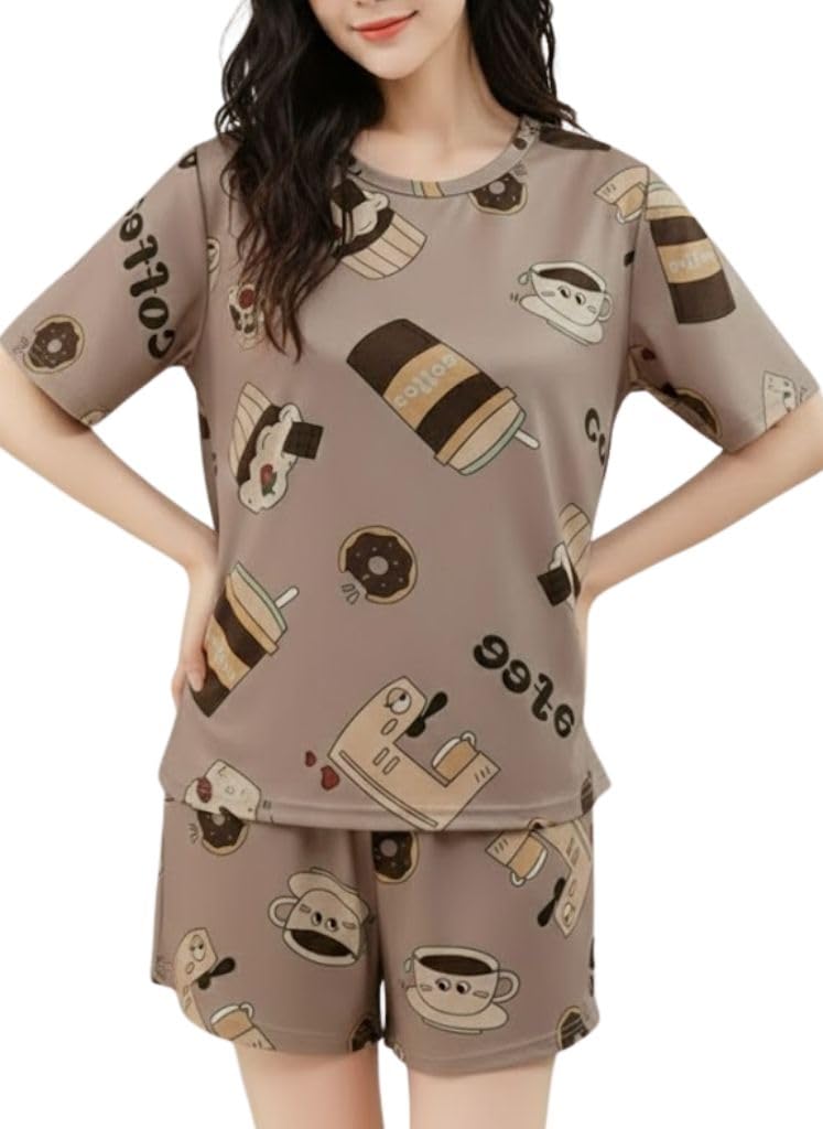 SMOWKLY Women Korean Shorts Pajama Set Cotton Blend Nightwear Set Top & Shorts Sleepwear Lounge Wear Soft Comfortable Night Suit Ladies Summer Night Dress Co-Ord Home Wear Set(1509_BG_S) Beige - Image 5
