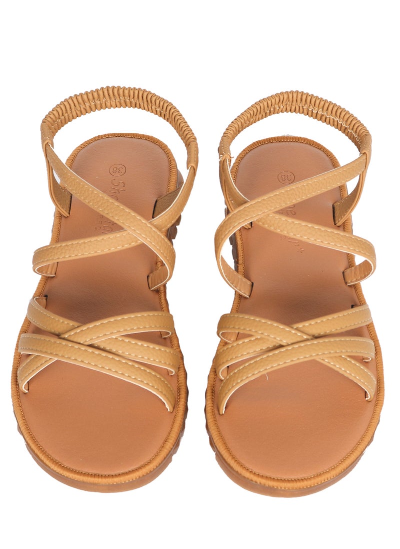 Ladies Flat Sandal Camel/Tan with straps Open Toe, Casual, Soft
