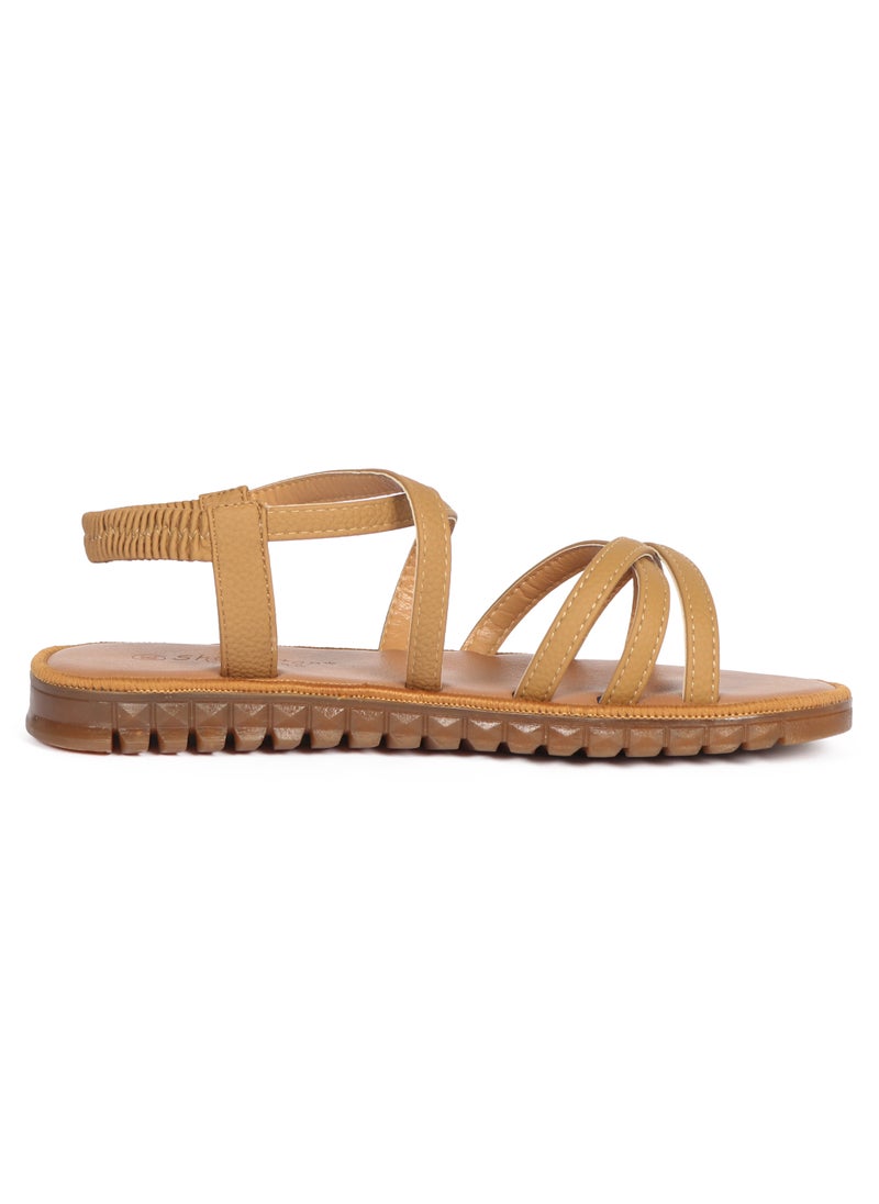 Ladies Flat Sandal Camel/Tan with straps Open Toe, Casual, Soft