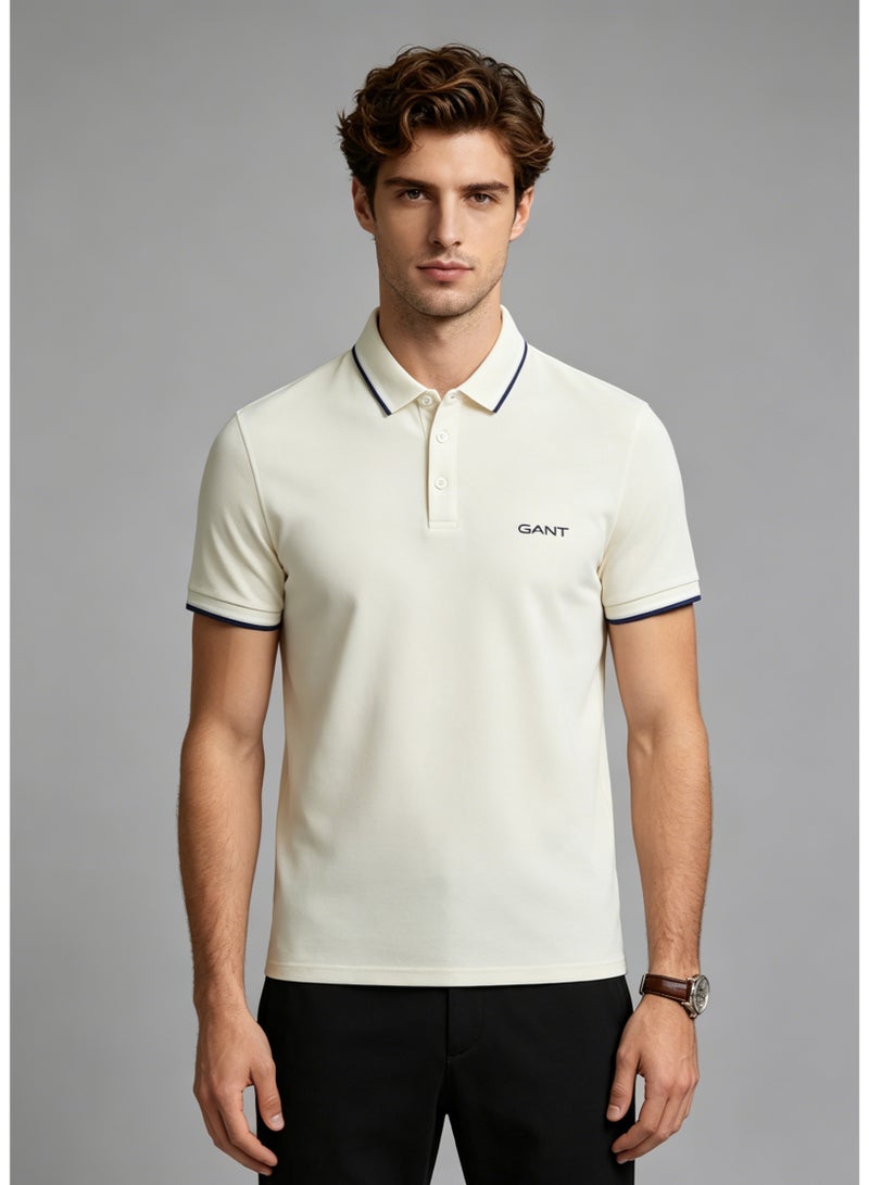 GANT Men's Short Sleeve Tipped Collar Polo Shirt, Casual Regular Fit, Off White - Image 5