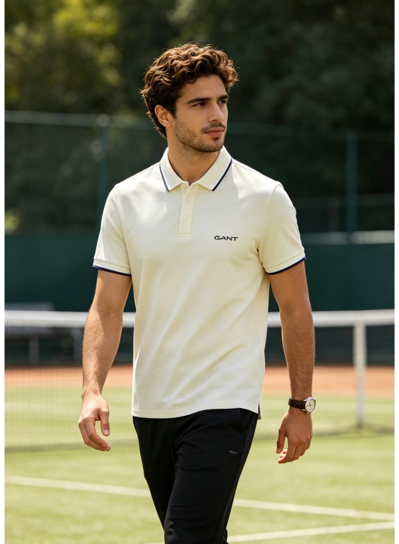 GANT Men's Short Sleeve Tipped Collar Polo Shirt, Casual Regular Fit, Off White - Image 4