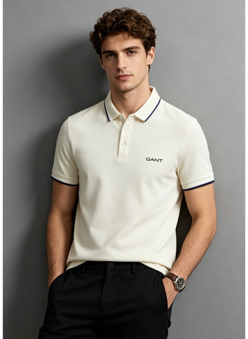 GANT Men's Short Sleeve Tipped Collar Polo Shirt, Casual Regular Fit, Off White - Image 1