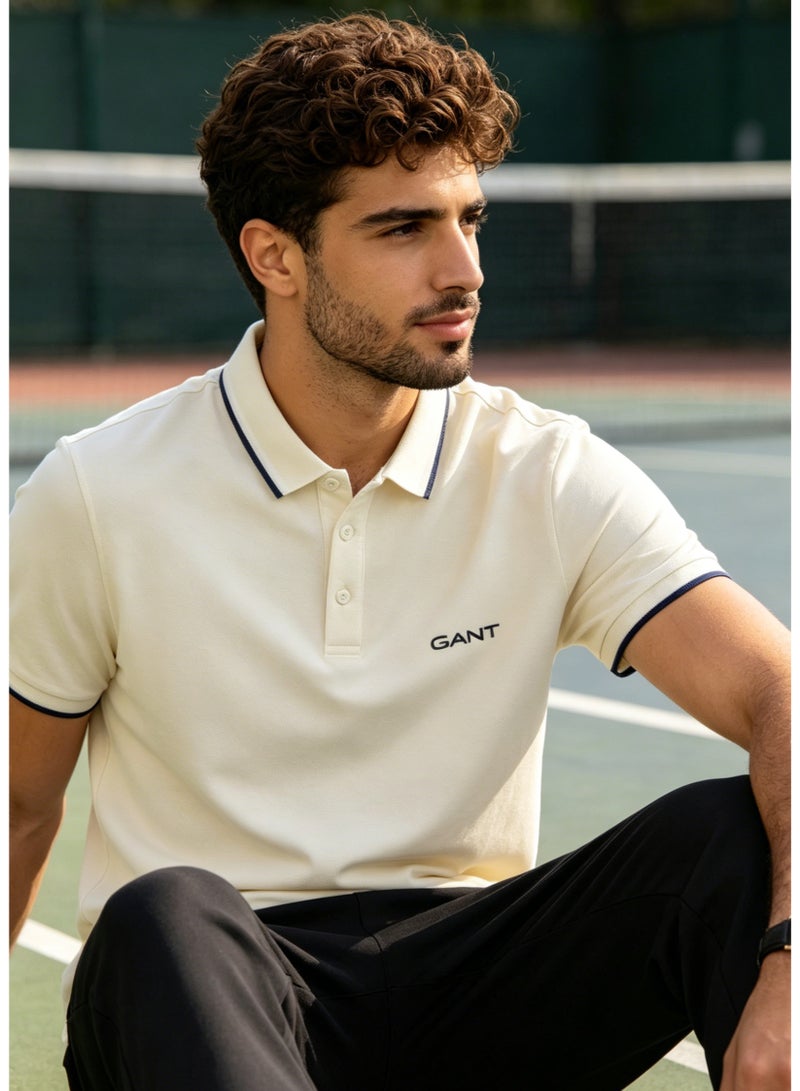 GANT Men's Short Sleeve Tipped Collar Polo Shirt, Casual Regular Fit, Off White - Image 3